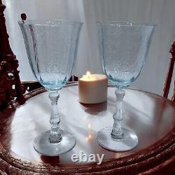 Set of 2 Fostoria Navarre Blue Crystal Water Goblet 7 5/8 Wine Glasses Etched