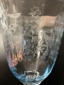 Set of 2 Fostoria Navarre Blue Crystal Water Goblet 7 5/8 Wine Glasses Etched