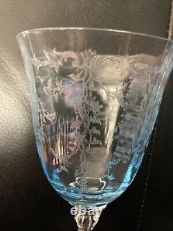 Set of 2 Fostoria Navarre Blue Crystal Water Goblet 7 5/8 Wine Glasses Etched