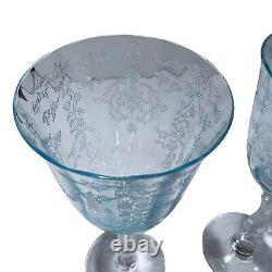 Set of 2 Fostoria Navarre Blue Crystal Water Goblet 7 5/8 Wine Glasses Etched