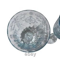 Set of 2 Fostoria Navarre Blue Crystal Water Goblet 7 5/8 Wine Glasses Etched