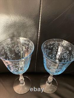 Set of 2 Fostoria Navarre Blue Crystal Water Goblet 7 5/8 Wine Glasses Etched