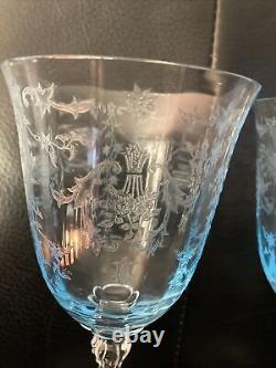 Set of 2 Fostoria Navarre Blue Crystal Water Goblet 7 5/8 Wine Glasses Etched