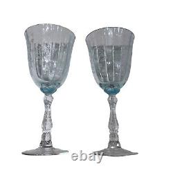 Set of 2 Fostoria Navarre Blue Crystal Water Goblet 7 5/8 Wine Glasses Etched