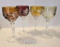 Set of 4 Bohemian Cut to Clear 7 Hock Wine Glasses, Assorted Colors