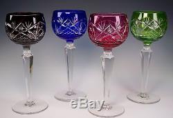 Set of 4 Bohemian Czech Cut Crystal Wine Glasses Ruby Blue Pink Green