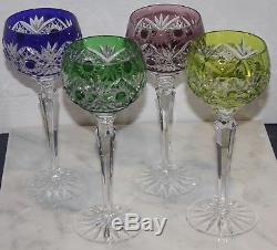 Set of (4) Bohemian Czech Cut To Clear Crystal Wine Goblets 8 3/8 Multi Color