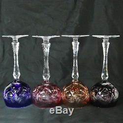 Set of 4 Colorful Cut to Clear Crystal Bohemian Hock Wine Glasses