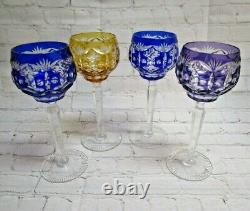 Set of 4 Crystal Colored Cut to Clear Wine Hock Glasses, Goblets, Bohemian, 8