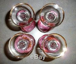 Set of 4 Crystal Cranberry Pink Luster Gold Encrusted Wine 7.5 Stemware Glasses