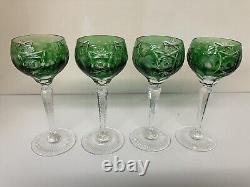 Set of 4 Emerald Green Crystal Cut to Clear Wine Hock Stem Goblets 6 3/4