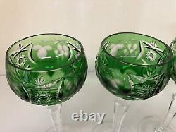 Set of 4 Emerald Green Crystal Cut to Clear Wine Hock Stem Goblets 6 3/4