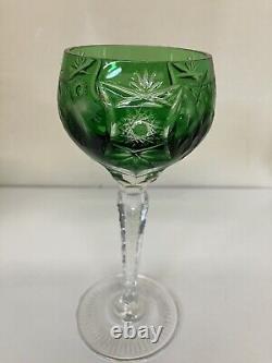 Set of 4 Emerald Green Crystal Cut to Clear Wine Hock Stem Goblets 6 3/4