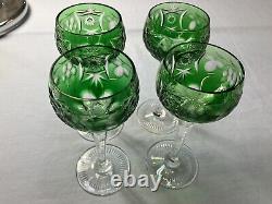 Set of 4 Emerald Green Crystal Cut to Clear Wine Hock Stem Goblets 6 3/4