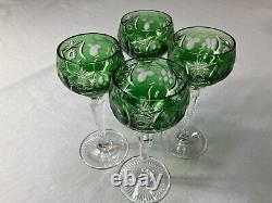 Set of 4 Emerald Green Crystal Cut to Clear Wine Hock Stem Goblets 6 3/4