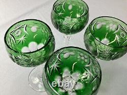 Set of 4 Emerald Green Crystal Cut to Clear Wine Hock Stem Goblets 6 3/4