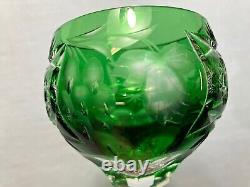 Set of 4 Emerald Green Crystal Cut to Clear Wine Hock Stem Goblets 6 3/4