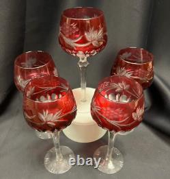 Set of 5 Bohemian CZECH Cut to CLEAR Red CRYSTAL Wine Glasses 8