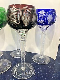 Set of 5 Bohemian Crystal Handcut & Blown Multi Color Wine Goblets Stem Glasses