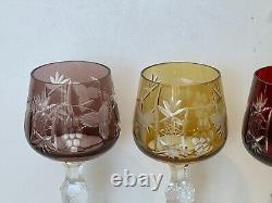 Set of 5 Bohemian Czech Cut to Clear Crystal Wine Glass Multicolor Goblet Set