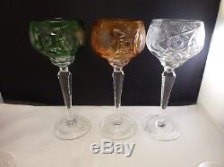 Set of 5 Bohemian Czech Cut to Clear Crystal Wine Goblets Multi Color 8 1/4
