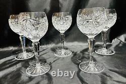 Set of 5 Camelia Cut Crystal Hock Wine Glasses, American Brilliant Cut Style