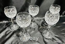 Set of 5 Camelia Cut Crystal Hock Wine Glasses, American Brilliant Cut Style