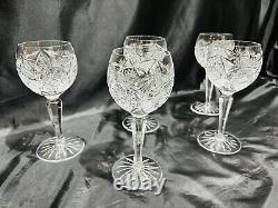 Set of 5 Camelia Cut Crystal Hock Wine Glasses, American Brilliant Cut Style