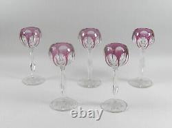Set of 5 Cut to Clear Purple/Amethyst Crystal Overlay Hock Wine Glasses