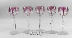Set of 5 Cut to Clear Purple/Amethyst Crystal Overlay Hock Wine Glasses