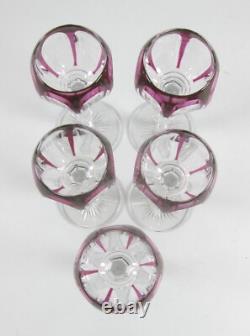 Set of 5 Cut to Clear Purple/Amethyst Crystal Overlay Hock Wine Glasses