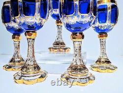 Set of 5 Moser Cobalt Cabochons Blue & Gold Crystal Wine Goblets