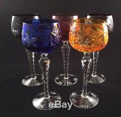 Set of 5 Vintage 7 oz. Bohemian Cut-to-Clear Crystal Wine Hocks 4 Colors