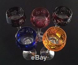 Set of 5 Vintage 7 oz. Bohemian Cut-to-Clear Crystal Wine Hocks 4 Colors