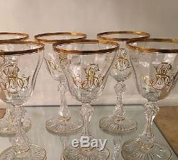 Set of 6 Antique Baccarat Crystal Sherry Wine Stems MS Monogram