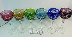 Set of 6 Bohemian Czech Multi-Color Crystal Cut to Clear Wine Glasses 7 5/8