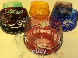 Set of 6 Clorful Ajka Cut to Clear Crystal Wine Glasses, Goblets Hungary