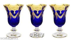 Set of 6 Cobalt Blue Crystal Wine Glasses, 24K Gold Plated, Vintage Italy, 10 oz