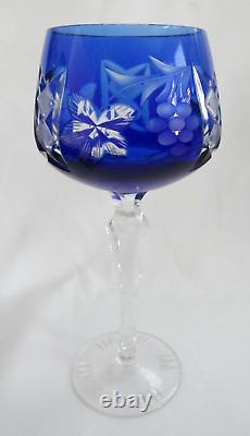 Set of 6 Cobalt Cut to Crystal 8 Hock Wine Glasses- Excellent