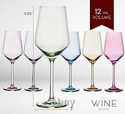 Set of 6 Colorful Wine Glasses 12 oz Hand Blown Italian Style Crystal