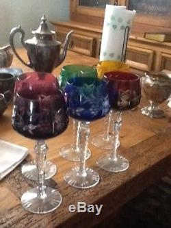 Set of 6 Crystal Colored Cut To Clear Czech Bohemian Hock Wine Glass 8