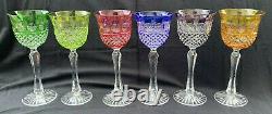 Set of 6 Cut to Clear Crystal Multi-Color Wine Goblets Glasses 8.25H Bohemia