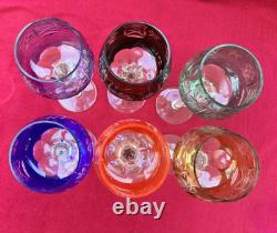 Set of 6 Cut to Clear Glass Crystal Wine Glasses Goblets Multicolor 7.5H