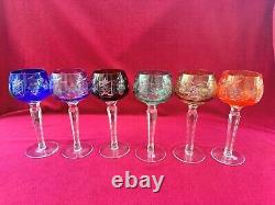 Set of 6 Cut to Clear Glass Crystal Wine Glasses Goblets Multicolor 7.5H