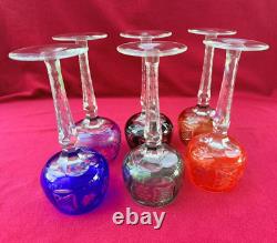 Set of 6 Cut to Clear Glass Crystal Wine Glasses Goblets Multicolor 7.5H