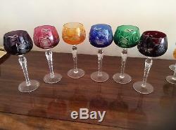 Set of 6 Gorgeous Crystal Colored Cut To Clear Czech Bohemian Wine Glass 7 3/4