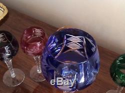 Set of 6 Gorgeous Crystal Colored Cut To Clear Czech Bohemian Wine Glass 7 3/4