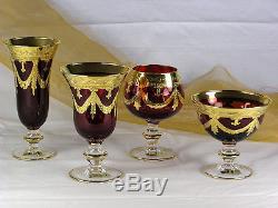 Set of 6 Red Italian Crystal Wine Glass Goblet, 24K Gold 10 oz. Interglass