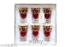 Set of 6 Red Italian Crystal Wine Glass Goblet, 24K Gold 10 oz. Interglass