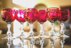 Set of 6 St. Louis Crystal Cranberry Micado 5 1/4 Wine Glasses Gold Enamel